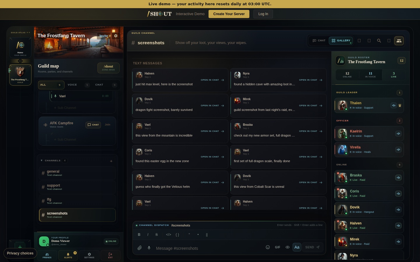 Shout Gallery view showing message cards with their authors, times, and Open in chat actions