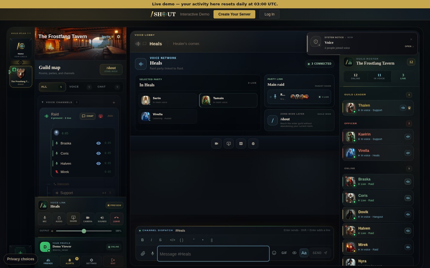 Shout Heals party showing a second group, its link to the main Raid, and zone-wide slash shout intercom