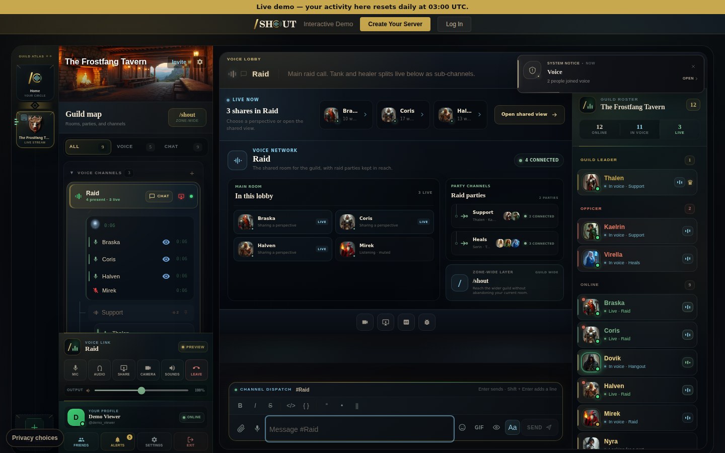 Shout raid lobby showing the parent voice room, its parties, live shares, and guild roster