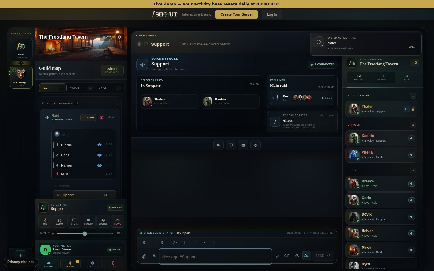 Shout Support party showing its members, link to the main Raid, and zone-wide slash shout intercom