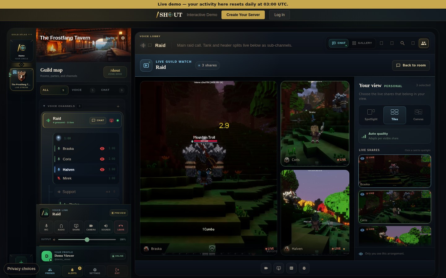 Shout Live Guild Watch showing three gameplay streams in a viewer-selected tile layout